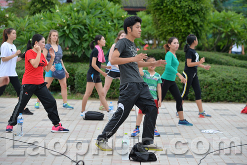 Aerobics on Mekong riverside in Vientiane, Laos