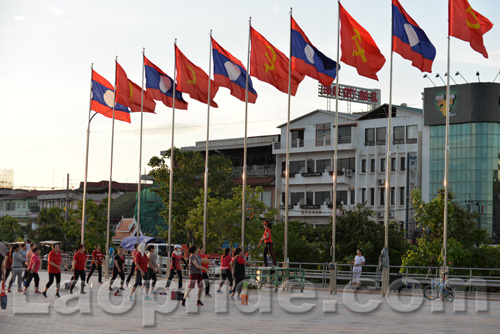 Aerobics on Mekong riverside in Vientiane, Laos