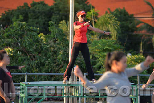 Aerobics on Mekong riverside in Vientiane, Laos