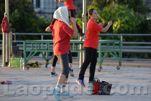 Aerobics on Mekong riverside in Vientiane, Laos