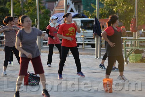 Aerobics on Mekong riverside in Vientiane, Laos