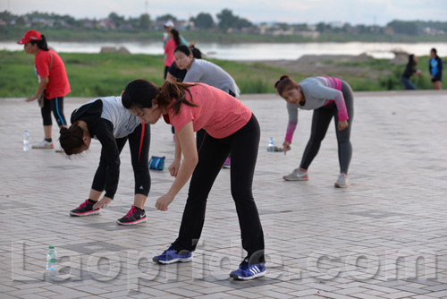 Aerobics on Mekong riverside in Vientiane, Laos