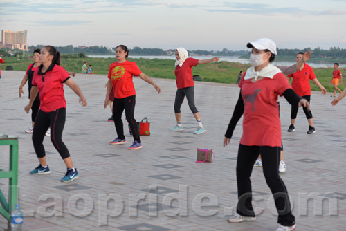 Aerobics on Mekong riverside in Vientiane, Laos