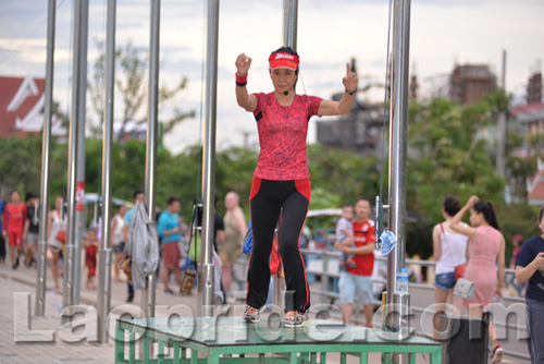 Aerobics on Mekong riverside in Vientiane, Laos