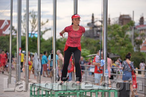 Aerobics on Mekong riverside in Vientiane, Laos