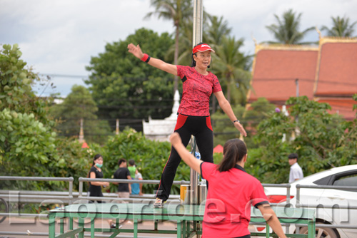 Aerobics on Mekong riverside in Vientiane, Laos