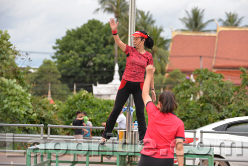 Aerobics on Mekong riverside in Vientiane, Laos