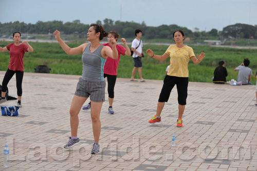 Aerobics on Mekong riverside in Vientiane, Laos