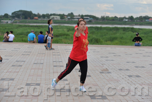 Aerobics on Mekong riverside in Vientiane, Laos