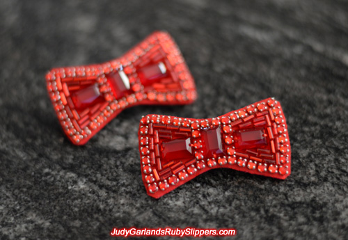 Beautiful pair of hand-sewn bows for the ruby slippers