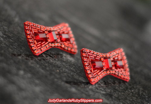 Beautiful pair of hand-sewn bows for the ruby slippers