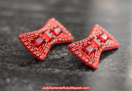 Beautiful pair of hand-sewn bows for the ruby slippers