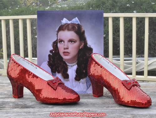Hand-sewn ruby slippers as worn by Judy Garland as Dorothy