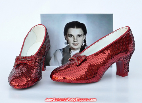 Hand-sewn ruby slippers as worn by Judy Garland as Dorothy