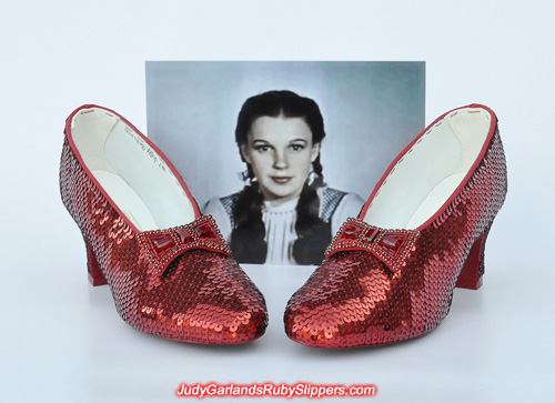 Hand-sewn ruby slippers as worn by Judy Garland as Dorothy