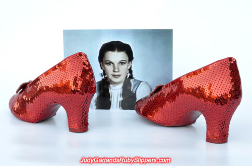 Hand-sewn ruby slippers as worn by Judy Garland as Dorothy