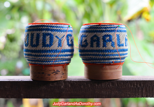 Lao bamboo sticky rice basket with writing ''Judy Garland''