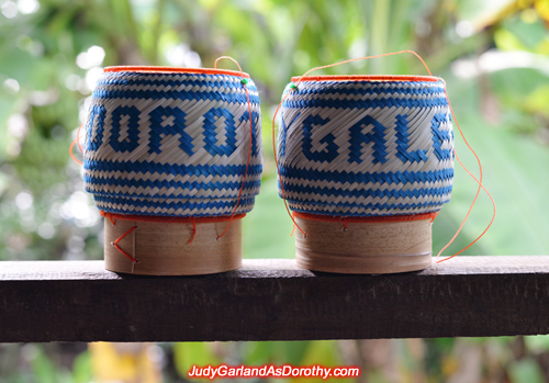 Lao bamboo sticky rice basket with writing ''Judy Garland''