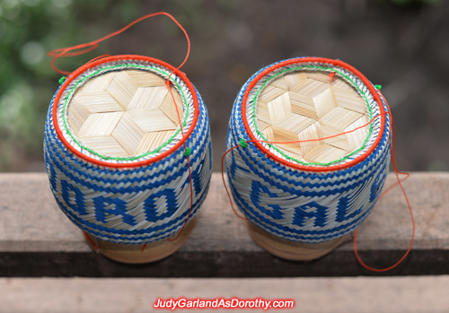 Lao bamboo sticky rice basket with writing ''Judy Garland''