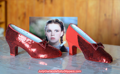 Sequining the left shoe of Judy Garland's ruby slippers