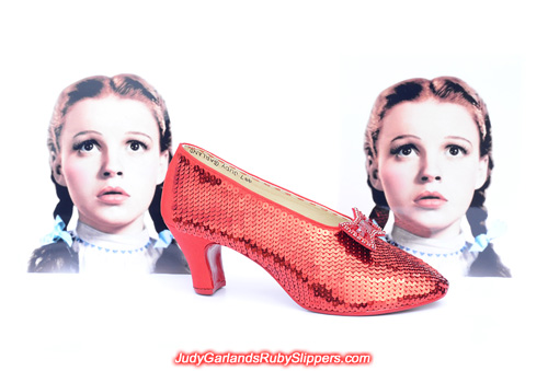 Sequining the right shoe of Judy Garland's ruby slippers