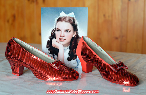 Sequining the left shoe of Judy Garland's ruby slippers