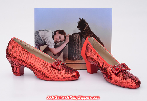 Sequining the left shoe of Judy Garland's ruby slippers