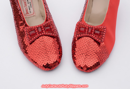 Sequining the left shoe of Judy Garland's ruby slippers