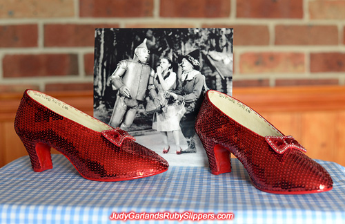 The finished product of a beautiful pair of ruby slippers