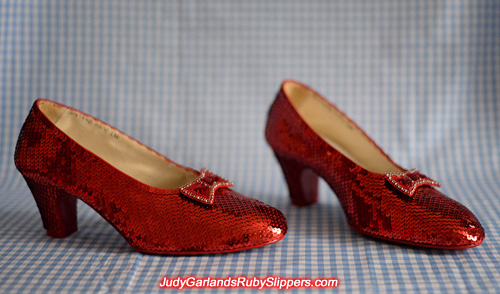 The finished product of a hand-sewn size 8 ruby slippers