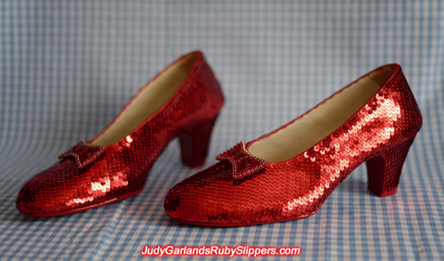 The finished product of a hand-sewn size 8 ruby slippers