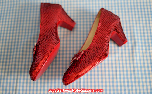 The finished product of a hand-sewn size 8 ruby slippers
