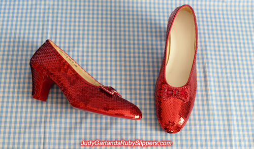 The finished product of a hand-sewn size 8 ruby slippers