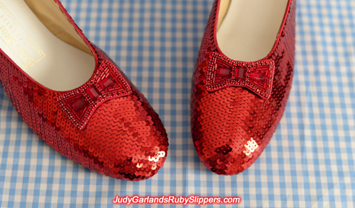 The finished product of a hand-sewn size 8 ruby slippers