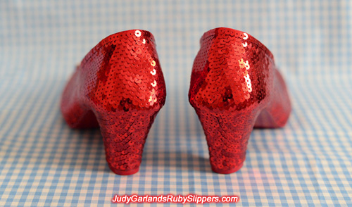 The finished product of a hand-sewn size 8 ruby slippers