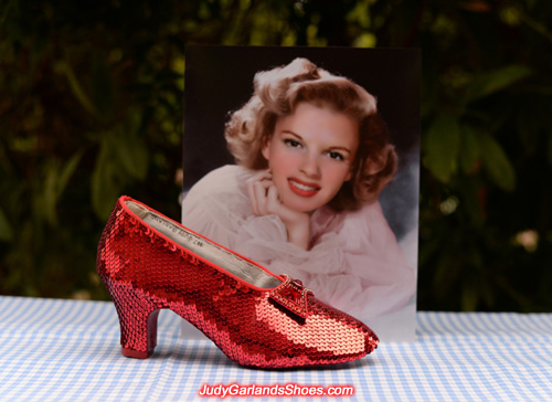 The finished right shoe of Judy Garland's ruby slippers