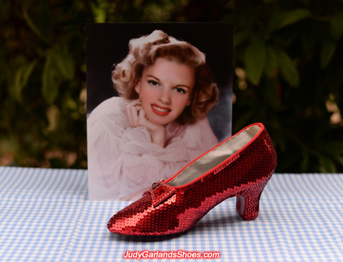 The finished right shoe of Judy Garland's ruby slippers