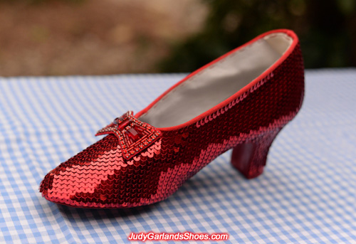 The finished right shoe of Judy Garland's ruby slippers