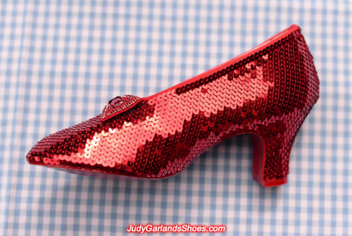 The finished right shoe of Judy Garland's ruby slippers