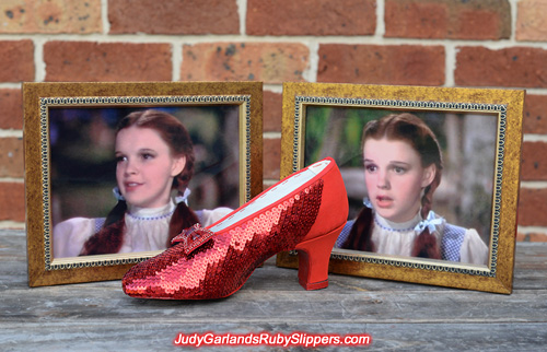 The right shoe of Judy Garland's ruby slippers is taking shape