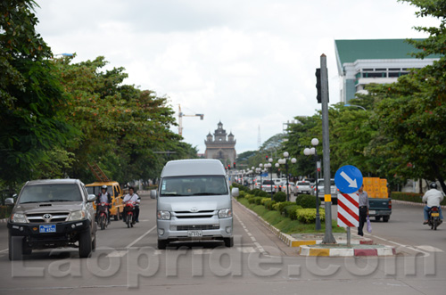 Traffic on Lane Xang Avenue in Vientiane, Laos