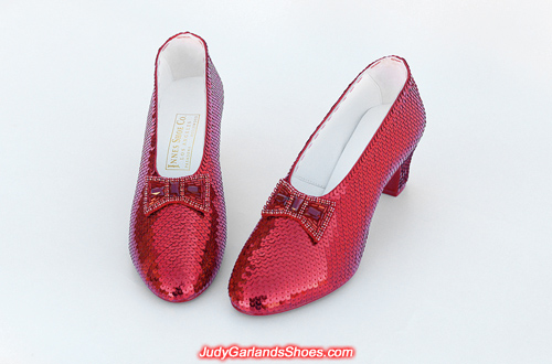 Exquisite hand-sewn ruby slippers in Judy Garland's size 5B