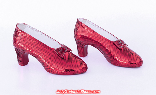 Exquisite hand-sewn ruby slippers in Judy Garland's size 5B