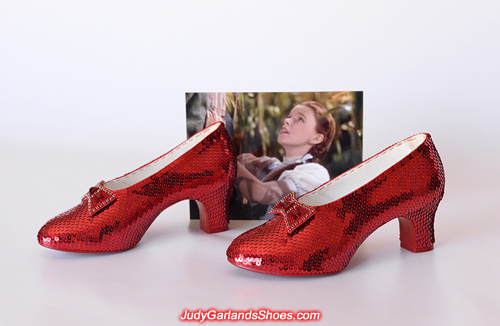 Finished pair of hand-sewn ruby slippers