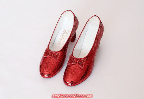 Finished pair of size 5B hand-sewn ruby slippers