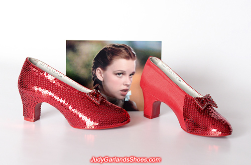 Sequining in progess with the left shoe of Judy Garland's ruby slippers