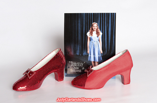 Sequining in progess with the left shoe of Judy Garland's ruby slippers