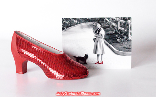 Sequining is underway on the right shoe of Judy Garland's ruby slippers