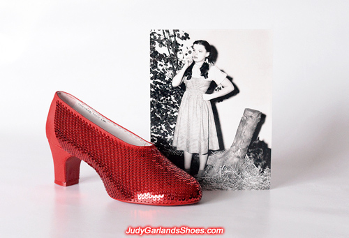 Sequining is underway on the right shoe of Judy Garland's ruby slippers