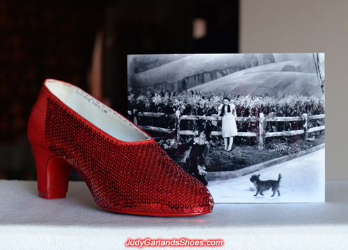 Sequining the right shoe of Judy Garland's ruby slippers